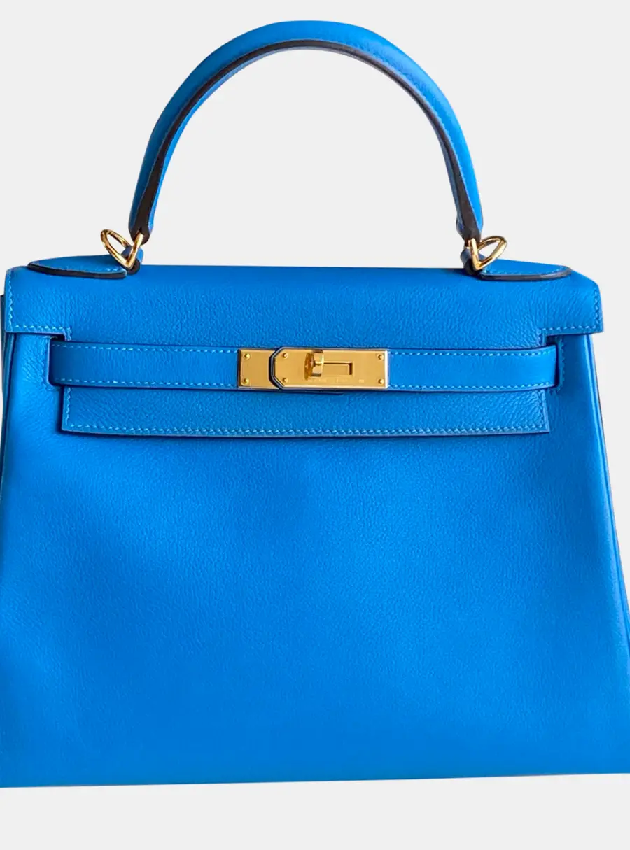 Hermes Kelly 28 Bleu Hydra Evercolor Calfskin Leather Top Handle Bag
