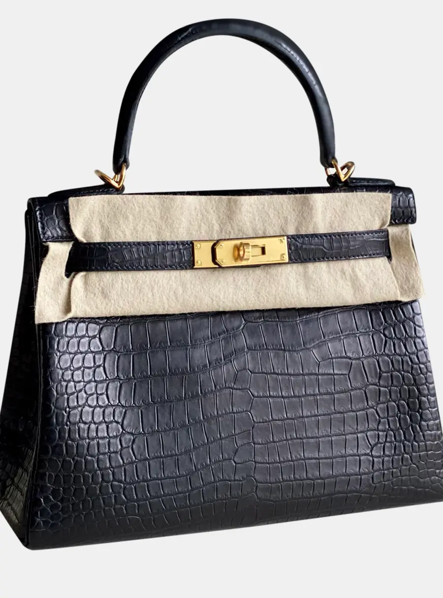 Hermes Kelly 28 Black Matte Porosus Crocodile Top Handle Bag