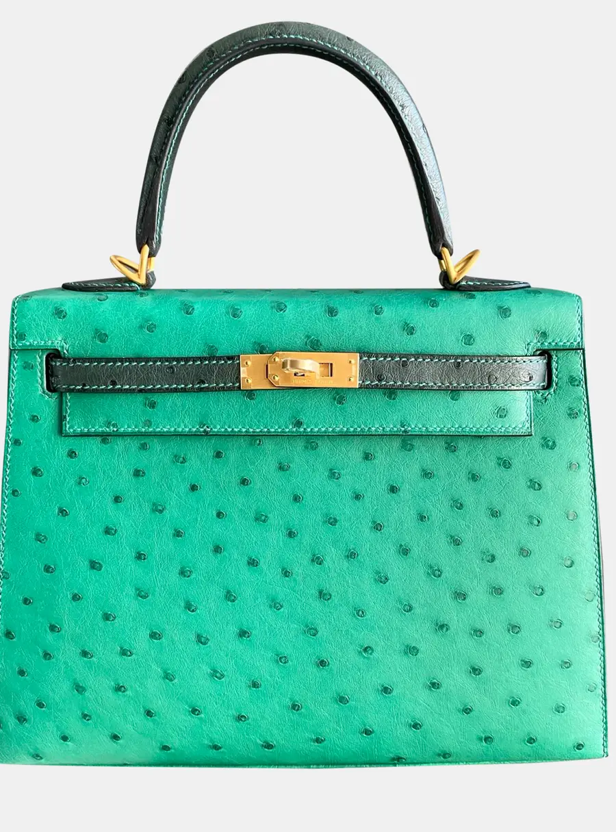 Hermes Kelly 25 Vert Criquet Vert Titien Ostrich Leather Top Handle Bag