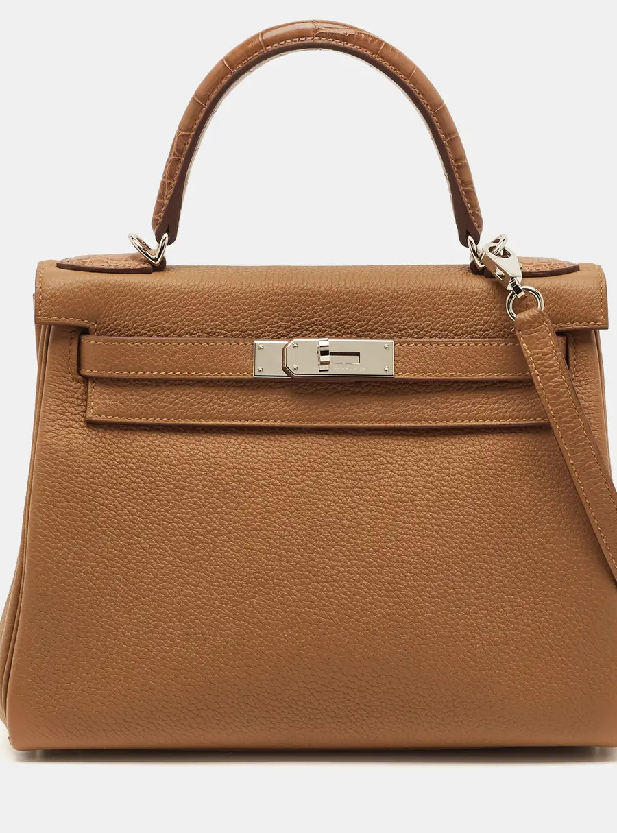 Herm&egrave;s Kelly Retourne Touch 28 Palladium Finish Gold Matte Alligator and Togo Leather Top Handle Bag