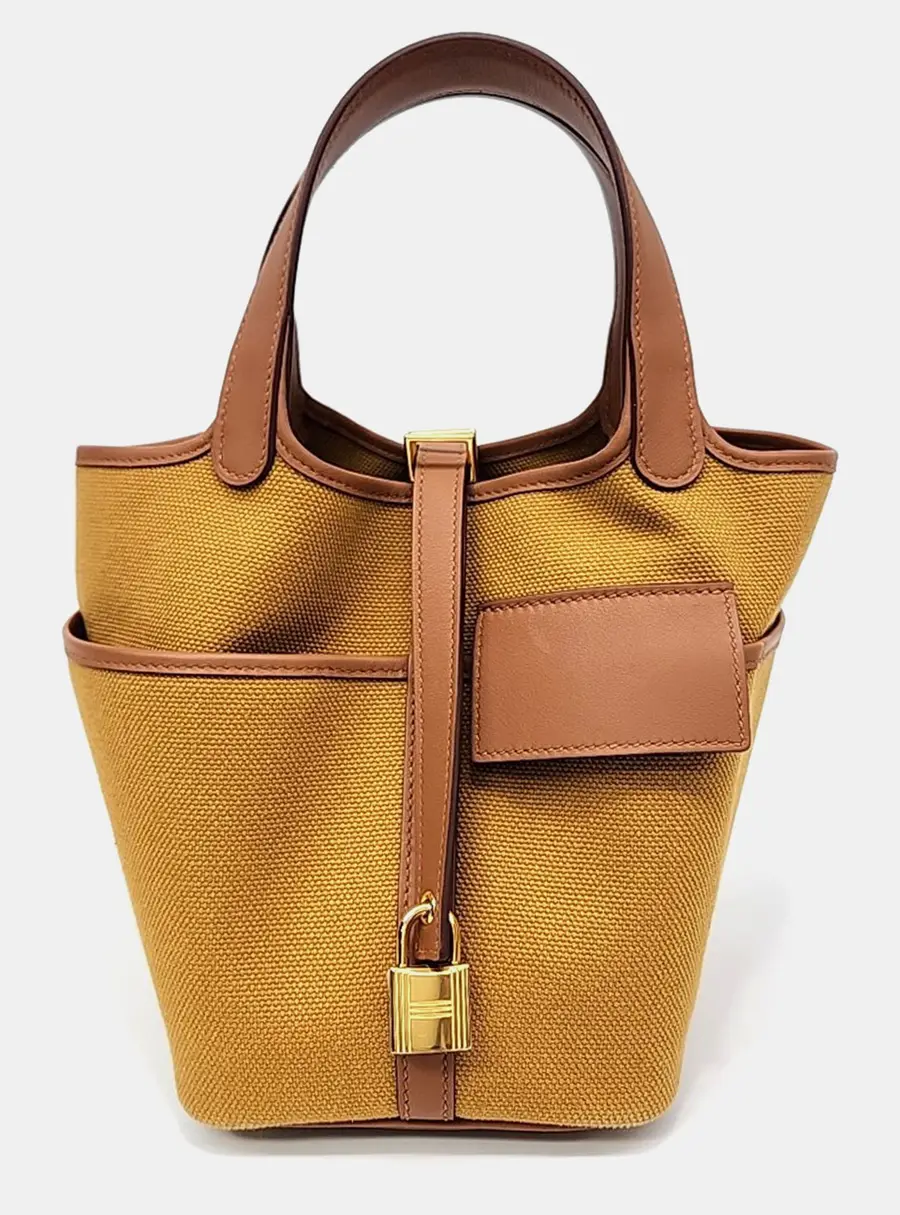 Hermes Picotin Lock 18 Brown Fabric Brown Leather Tote Bag