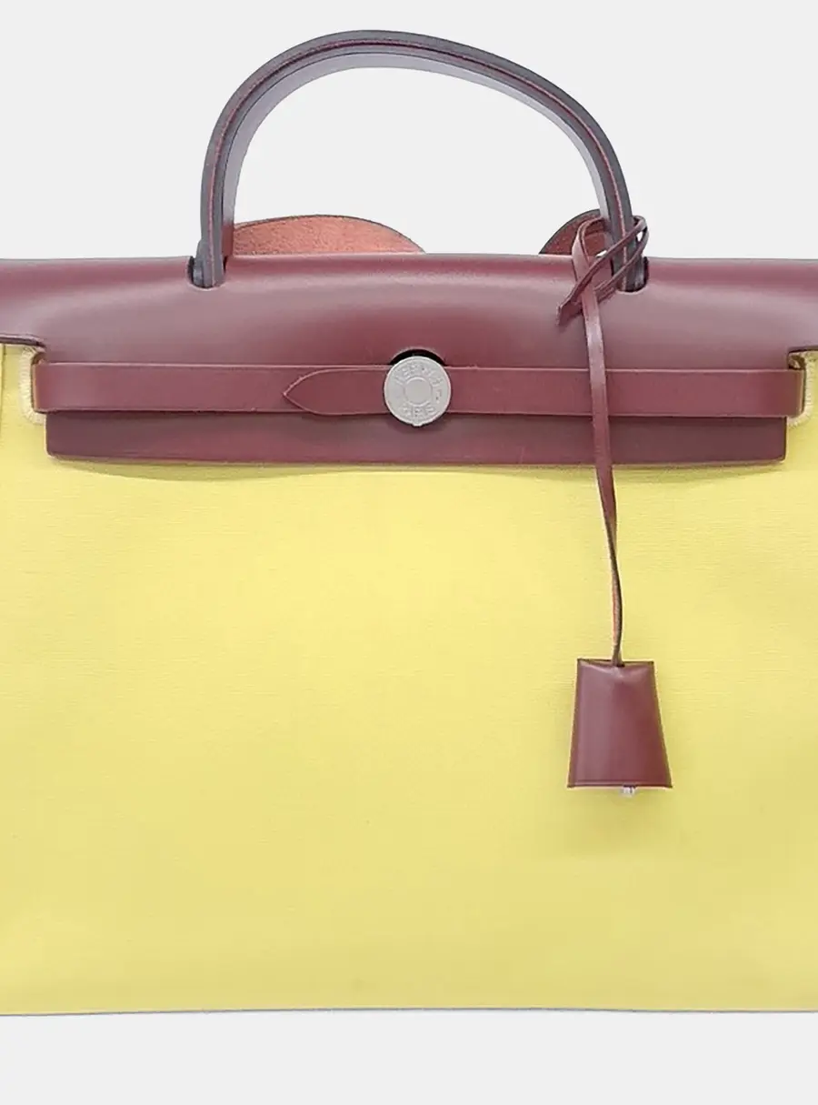 Hermes New Zip Herbag PM Yellow Maroon Canvas Hunter Leather Top Handle Bag
