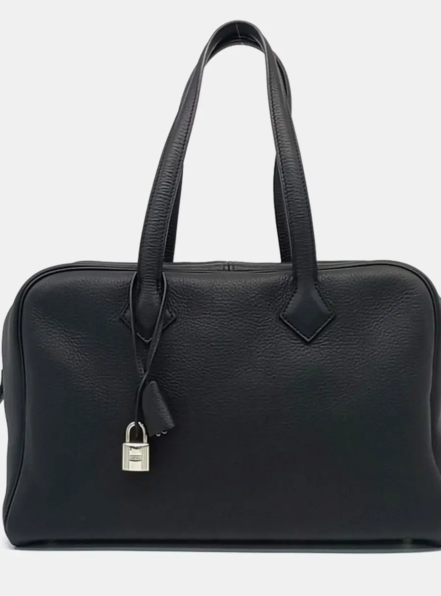 Hermes Victoria II 35 Black Clemence Calfskin Leather Satchel Bag