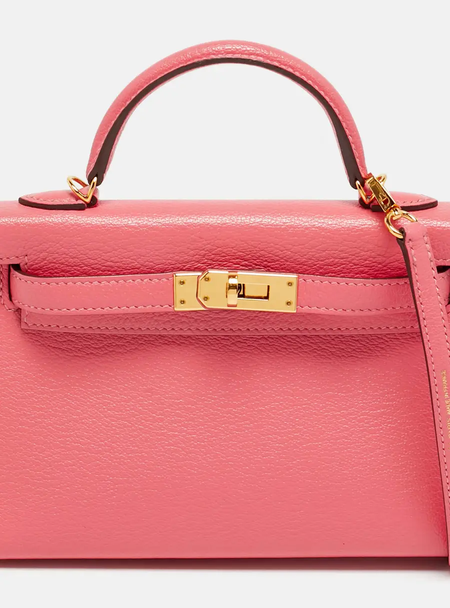 Hermes Kelly II Sellier Mini 20 Gold Finish Rose Azalee Chevre Leather Top Handle Bag