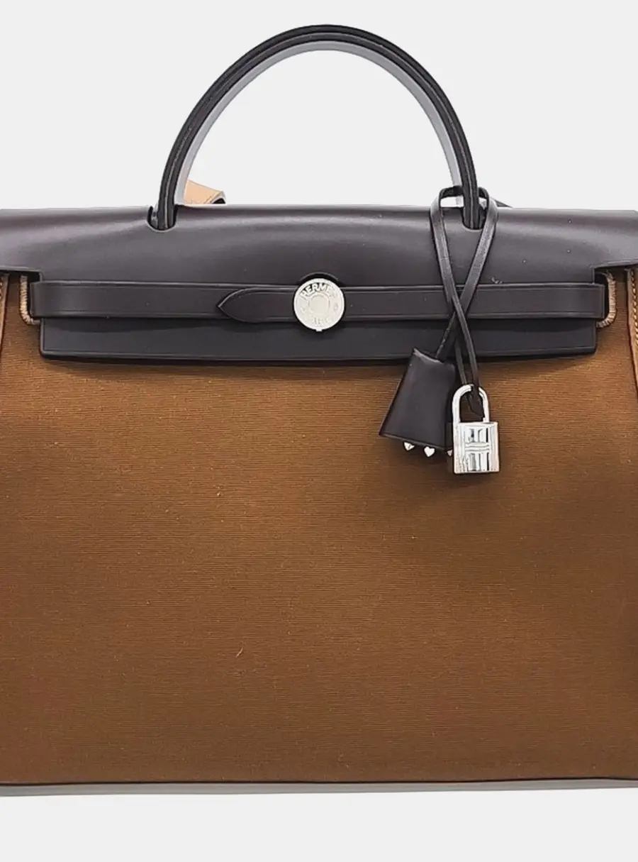 Hermes Herbag Zip 31 Gold Black Canvas Leather Top Handle Bag