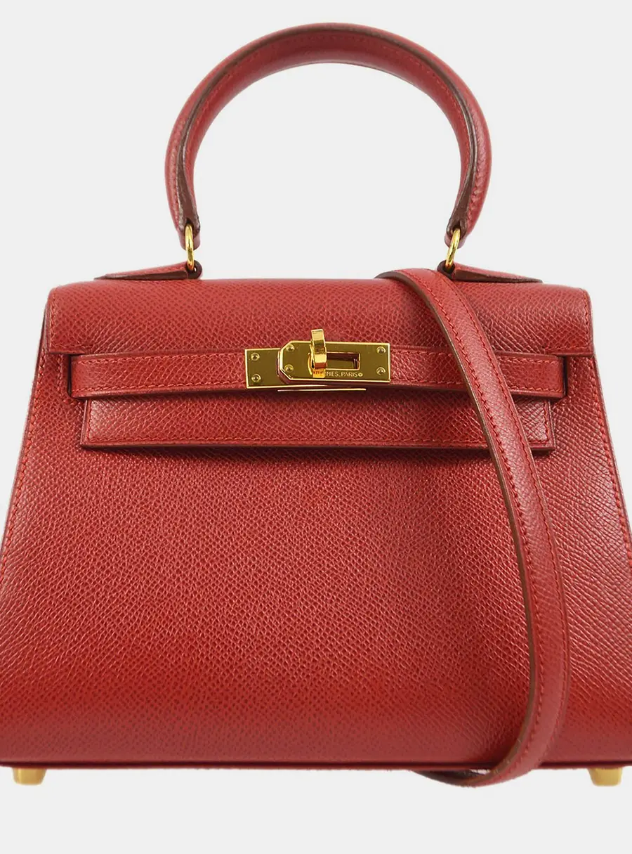 Hermes Kelly 20 Rouge Vif Courchevel Leather Top Handle Bag