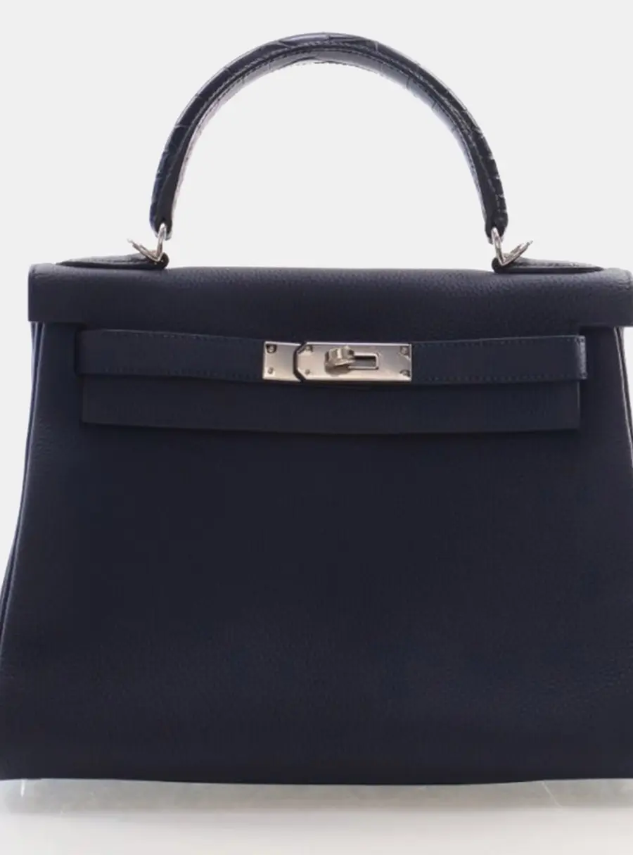 Hermes Kelly 28 Bleu Saphir Togo Calfskin Leather Niloticus Crocodile Top Handle Bag