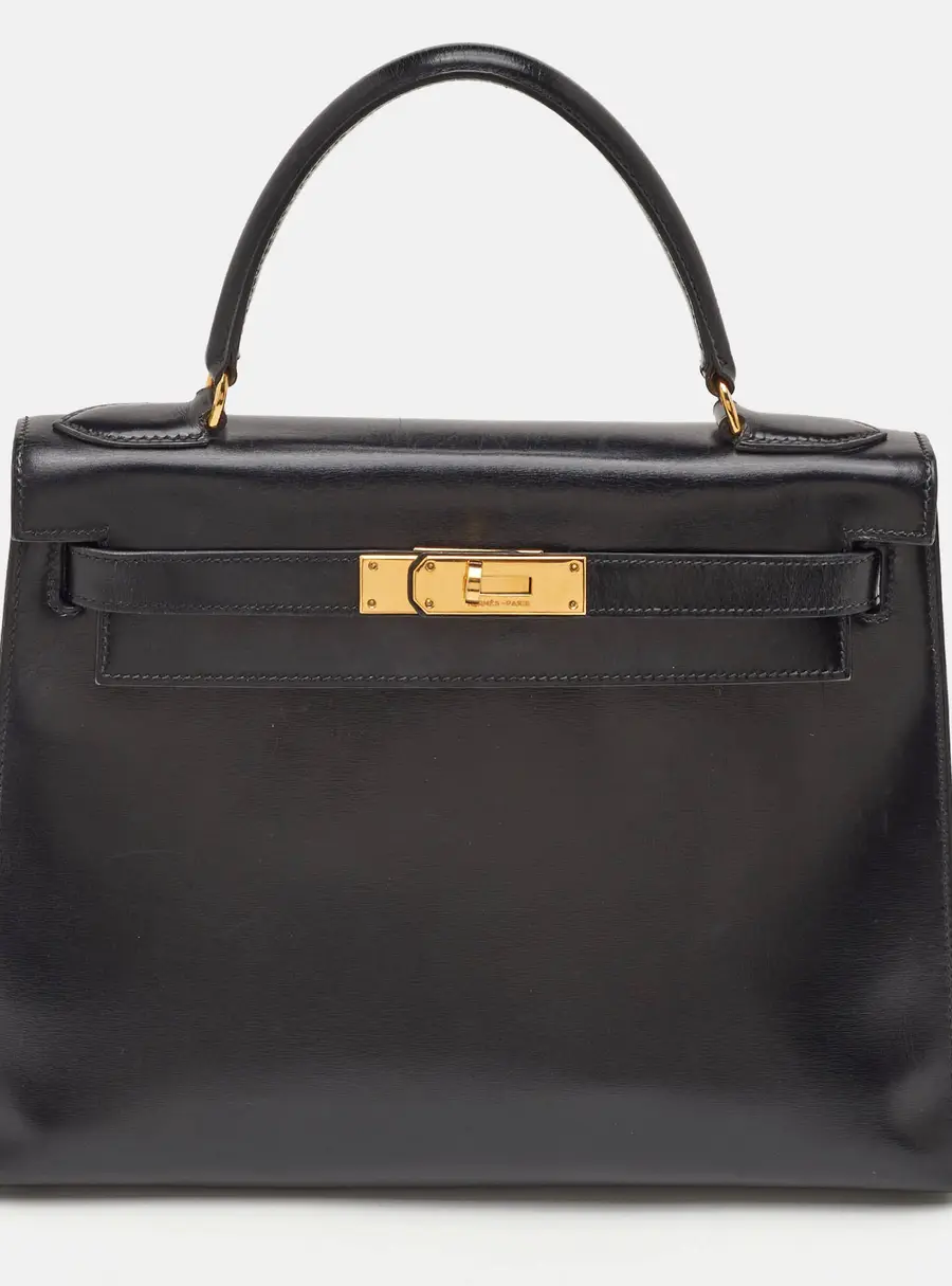 Hermes Kelly Sellier 28 Gold Finish Noir Box Leather Top Handle Bag