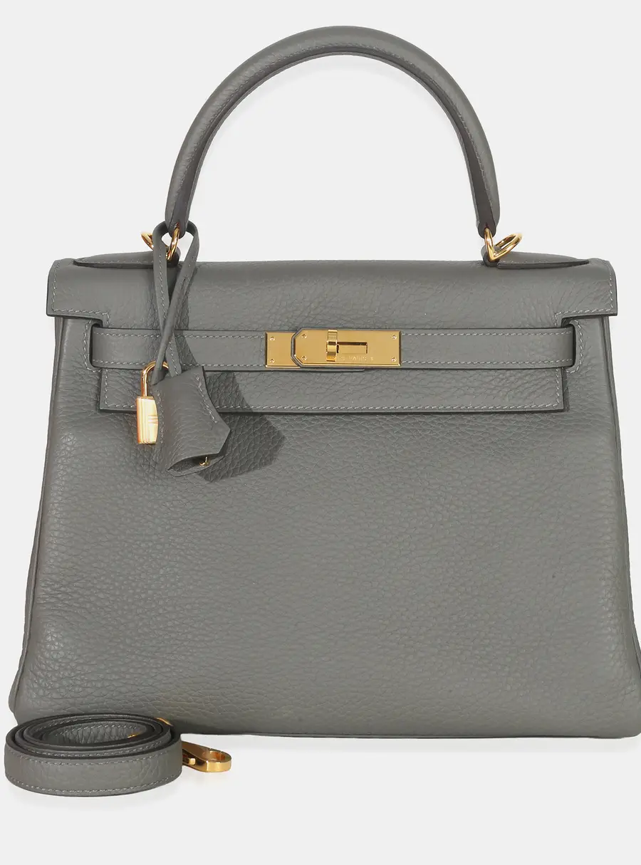Hermes Kelly Retourne 28 Gris Meyer Clemence Leather Top Handle Bag