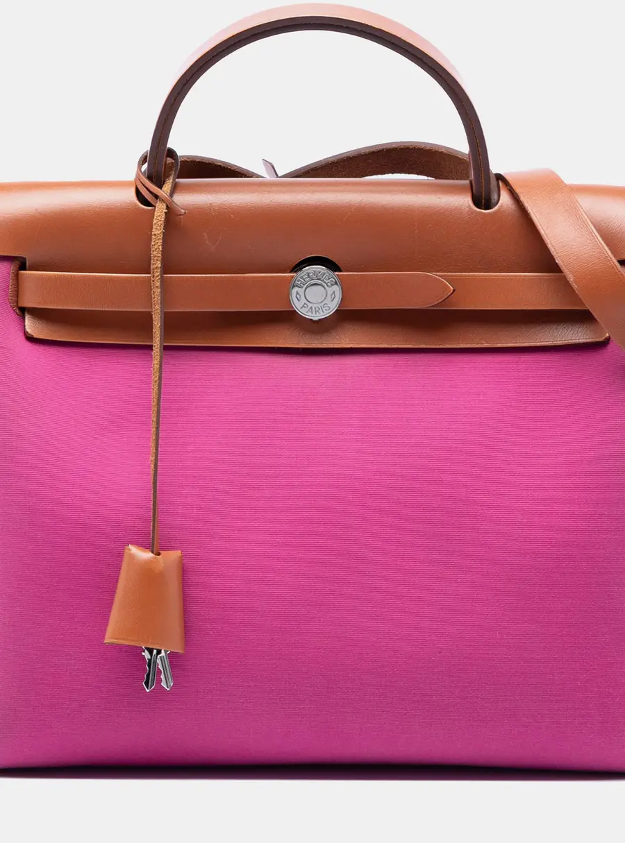 Hermes Herbag Zip 31 Pink Toile H Canvas Brown Hunter Leather Top Handle Bag