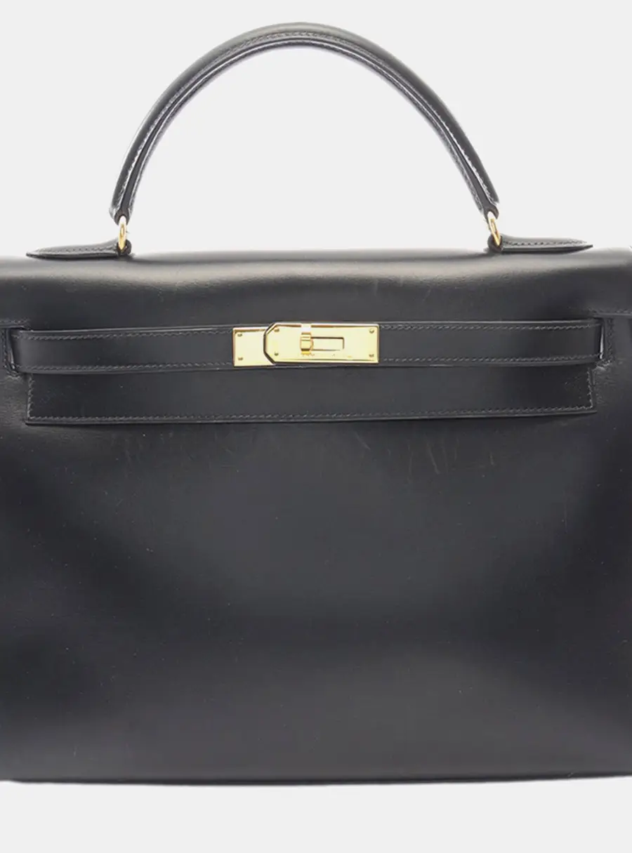 Hermes Kelly Sellier 32 Black Box Calfskin Leather Top Handle Bag