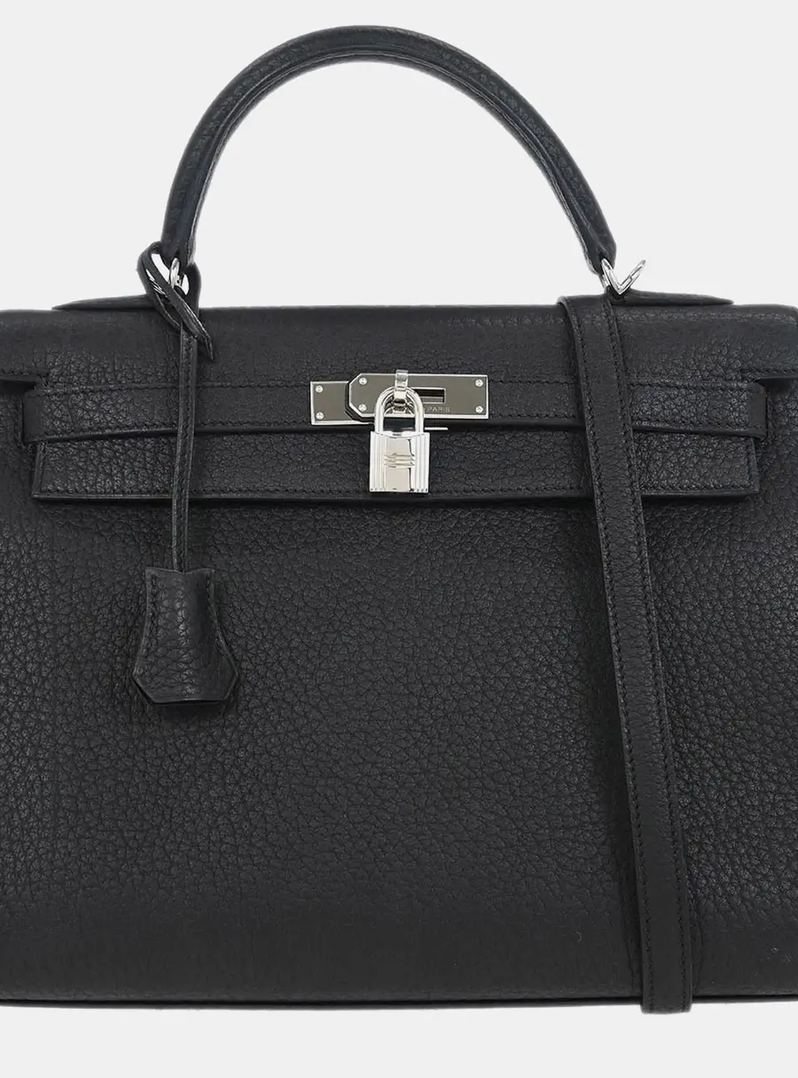 Hermes Kelly Sellier 32 Black Fjord Leather Top Handle Bag