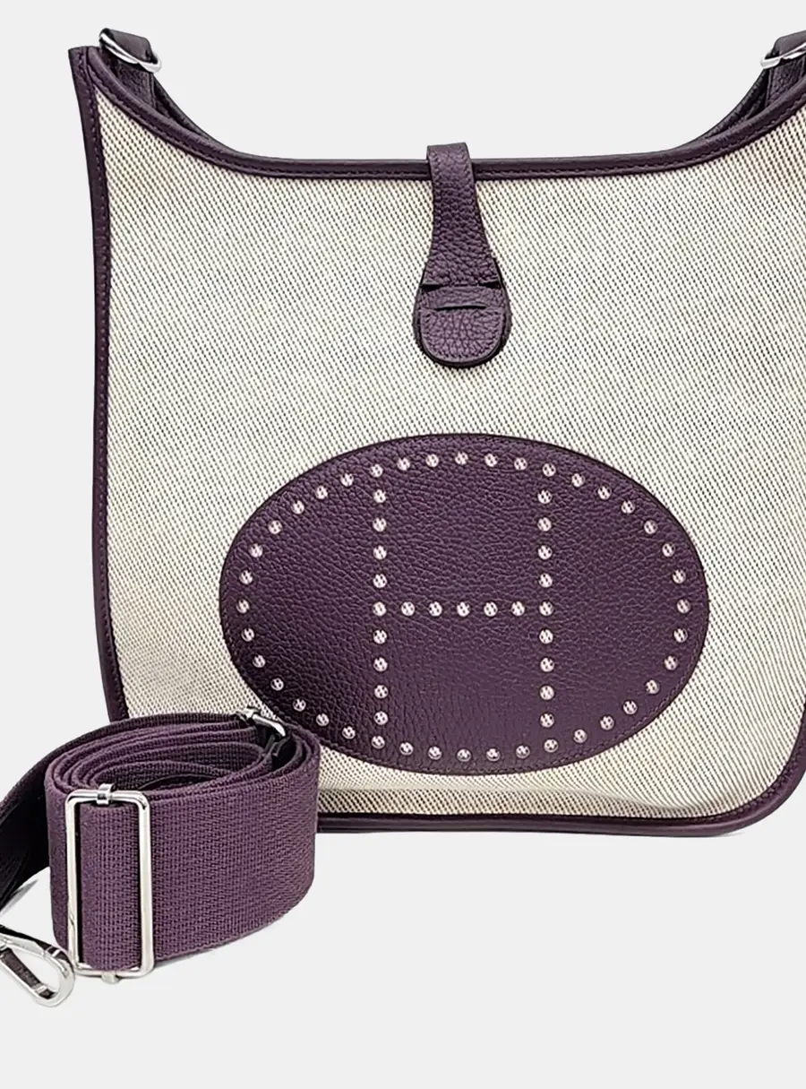 Hermes Evelyne 29 Ecru Blackberry Canvas Clemence Leather Shoulder Bag