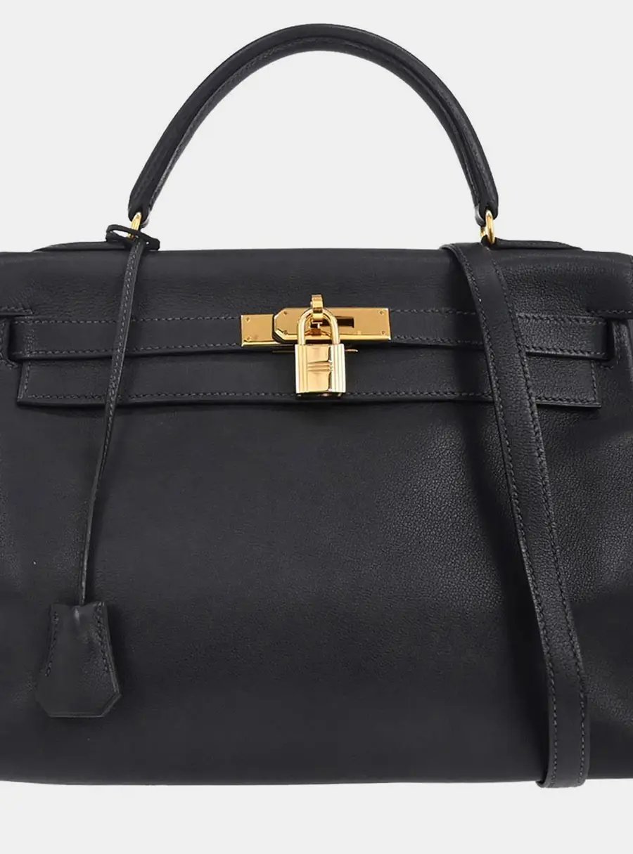 Hermes Kelly 32 Black Gulliver Leather Shoulder Bag