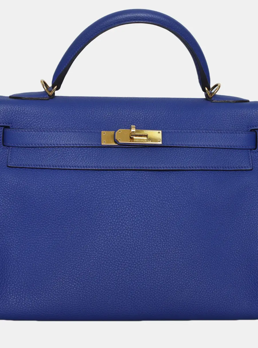 Hermes Kelly 32 Bleu Electric Togo Calfskin Leather Top Handle Bag
