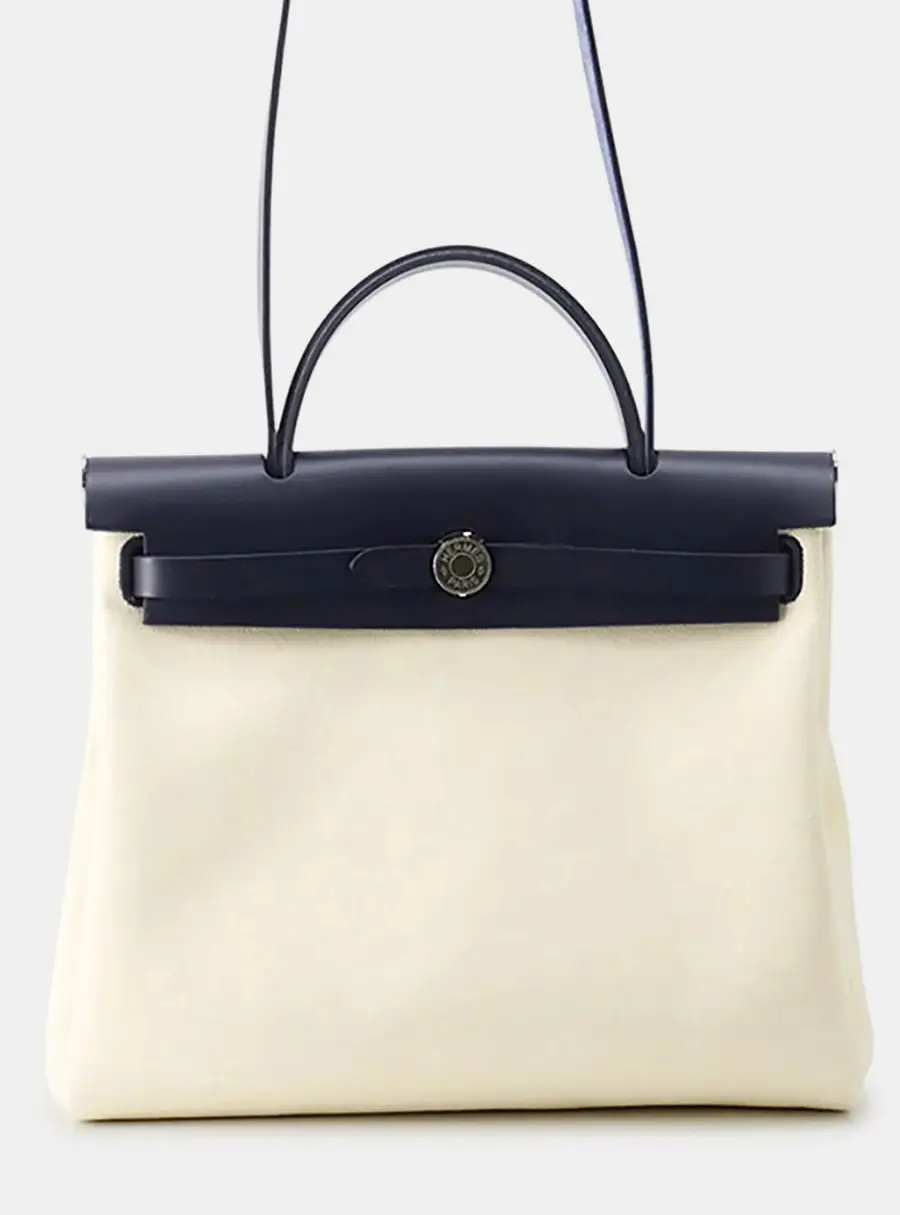 Hermes Herbag Zip PM White Blue Saphir Toile Military Vache Hunter Leather Tote Bag