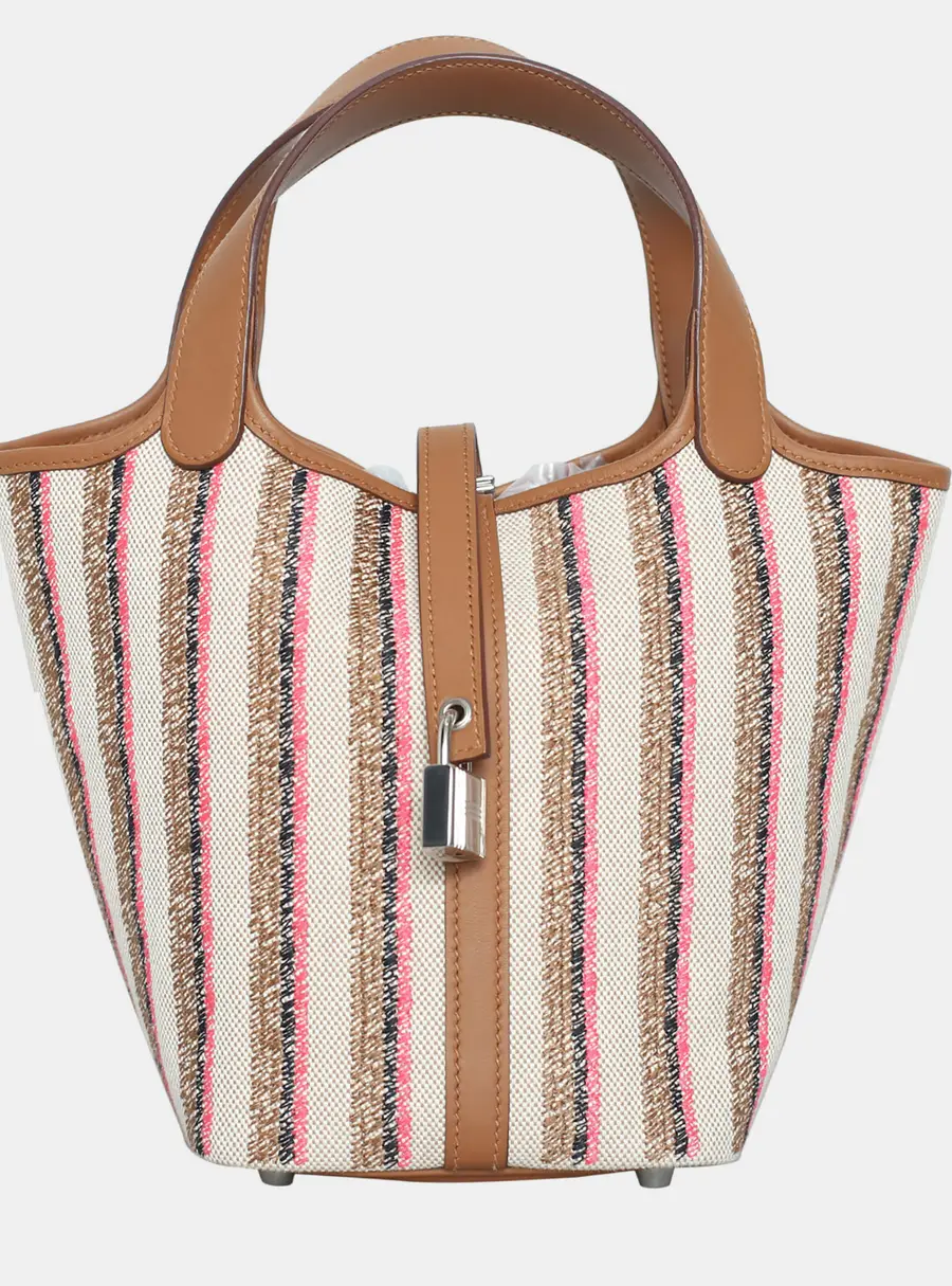 Hermes Picotin Lock 18 Gold Multicolor Canvas Leather Top Handle Bag