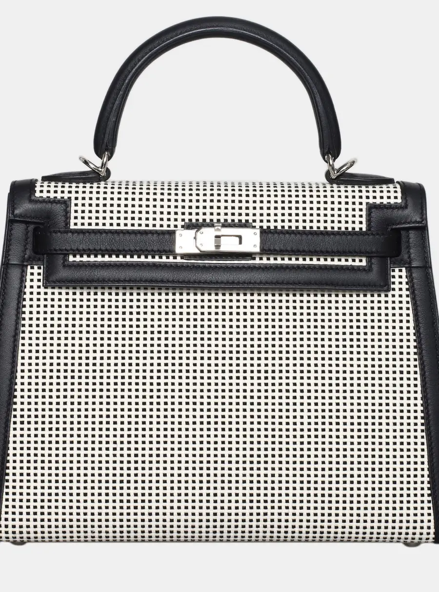 Hermes Kelly 25 Quadrille Black White Calfskin Leather Canvas Top Handle Bag