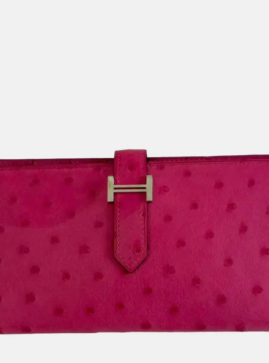 Hermes Bearn Pink Ostrich Leather Wallet Bag
