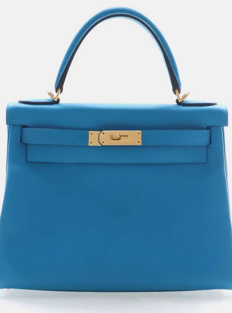 Hermes Kelly 28 Blue Zanzibar Evercolor Leather Top Handle Bag