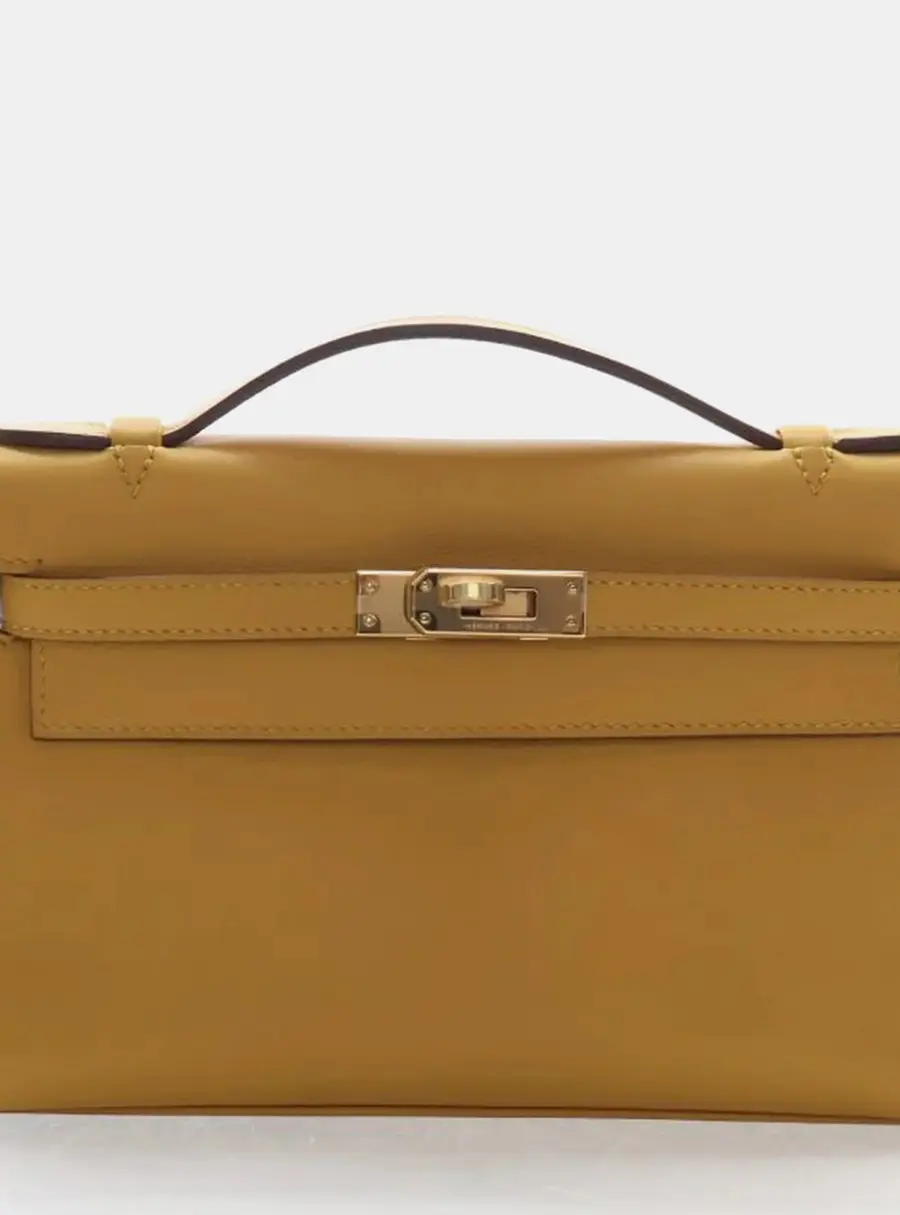 Hermes Jaune Ambre Swift Kelly Pochette Top Handle Bag