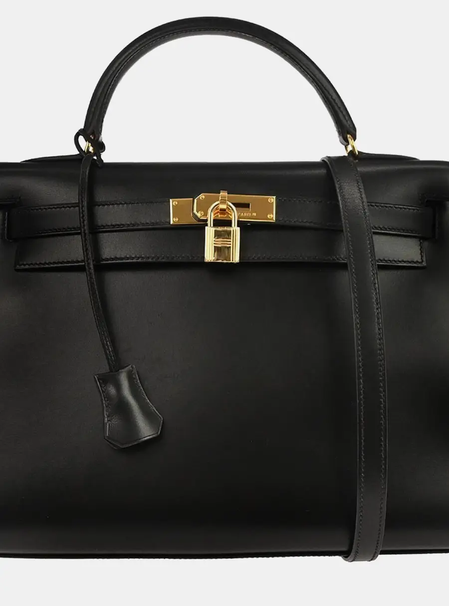 Hermes Kelly 32 Black Box Calfskin Leather Sellier Top Handle Bag