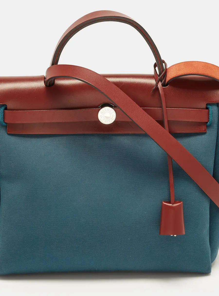 Hermes Herbag 28 Blue Agate/Rouge H Toile and Vache Hunter Top Handle Bag