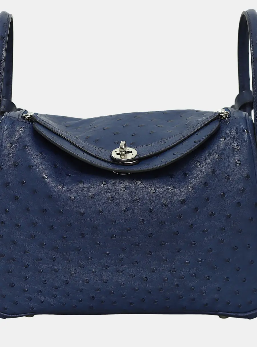 Hermes Lindy 30 Blue Ostrich Leather Top Handle Bag