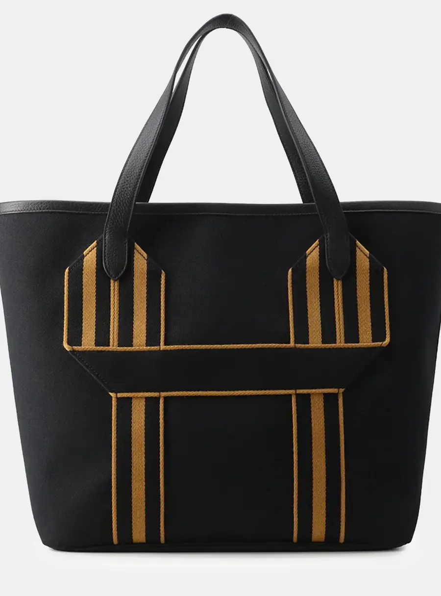 Hermes Pure Sangle 37 Black Caramel Toile Military Taurillon Clemence Leather Tote Bag