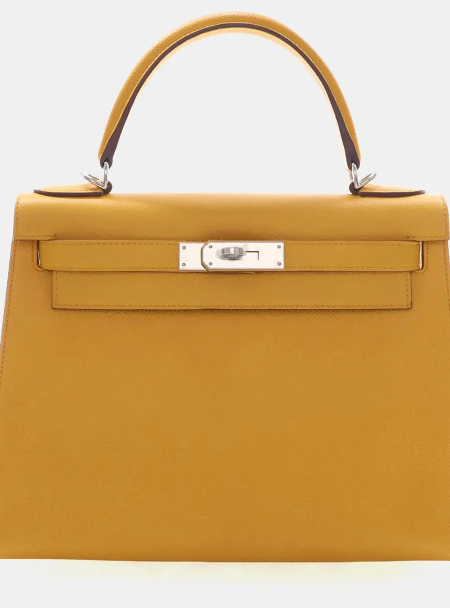 Hermes Kelly 28 Jaune Ambre Epsom Leather Sellier Top Handle Bag
