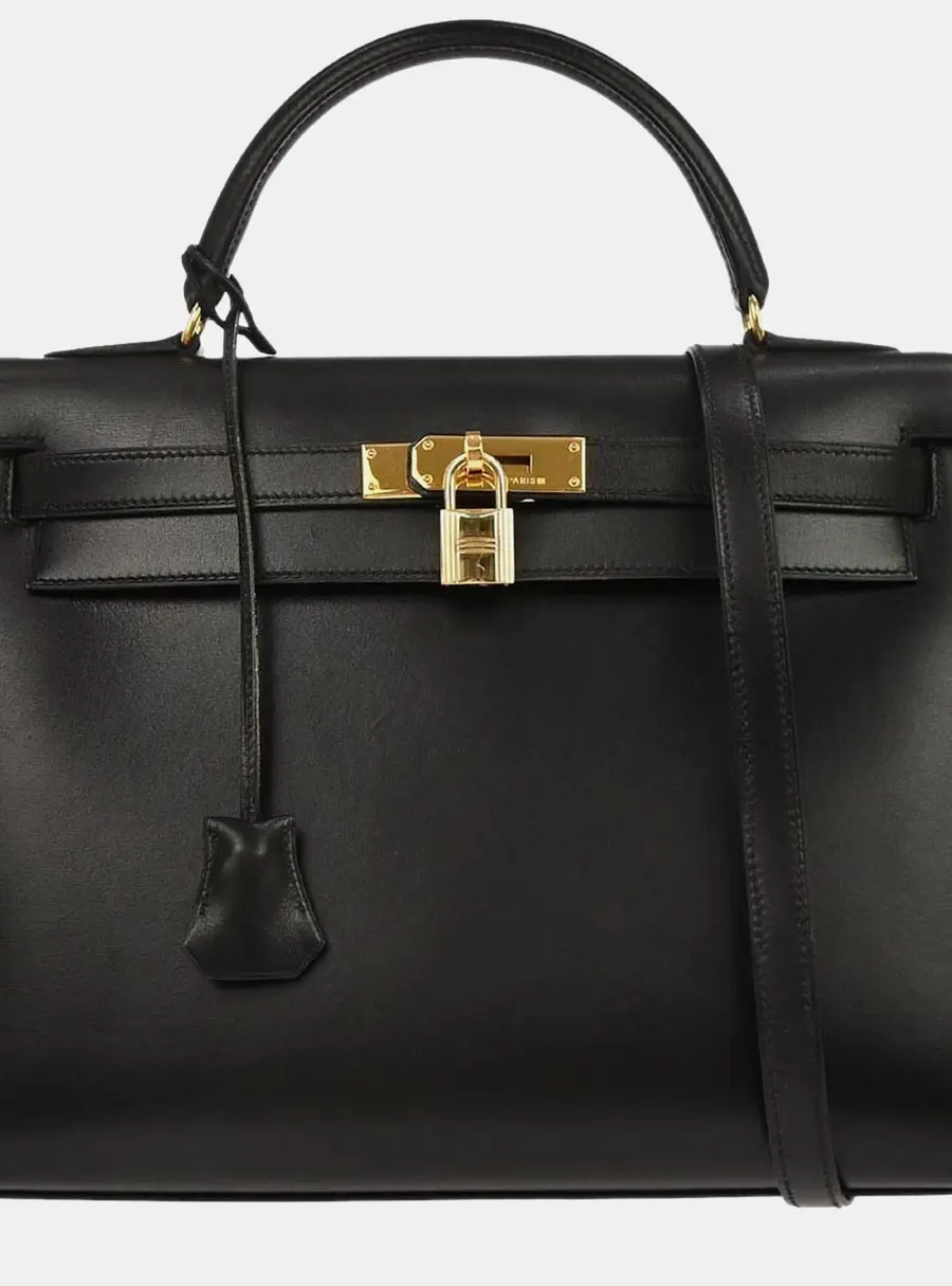 Hermes Kelly 32 Sellier Black Box Calfskin Leather Top Handle Bag