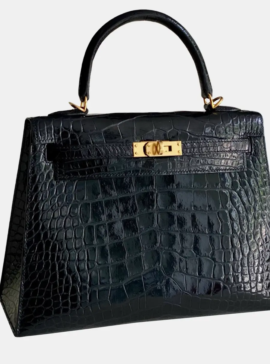 Hermes Kelly 25 Black Shiny Porosus Crocodile Leather Top Handle Bag