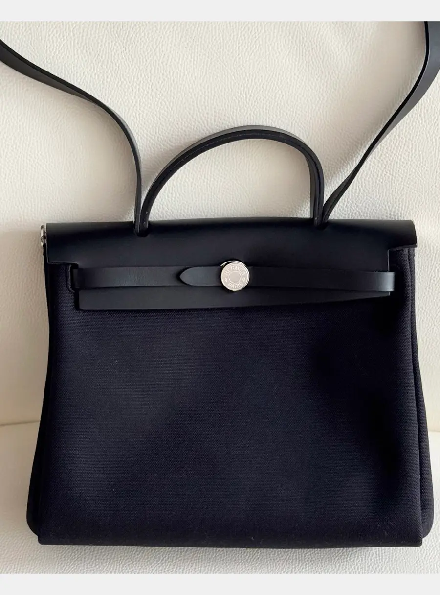 Hermes Herbag 31 Black Canvas Calfskin Leather Top Handle Bag