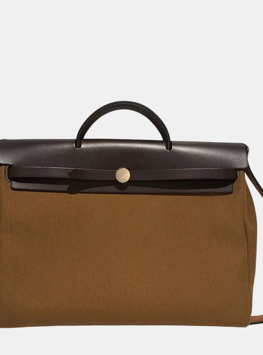 Hermes Herbag Messenger 39 Ebene Toile Canvas Hunter Leather Shoulder Bag
