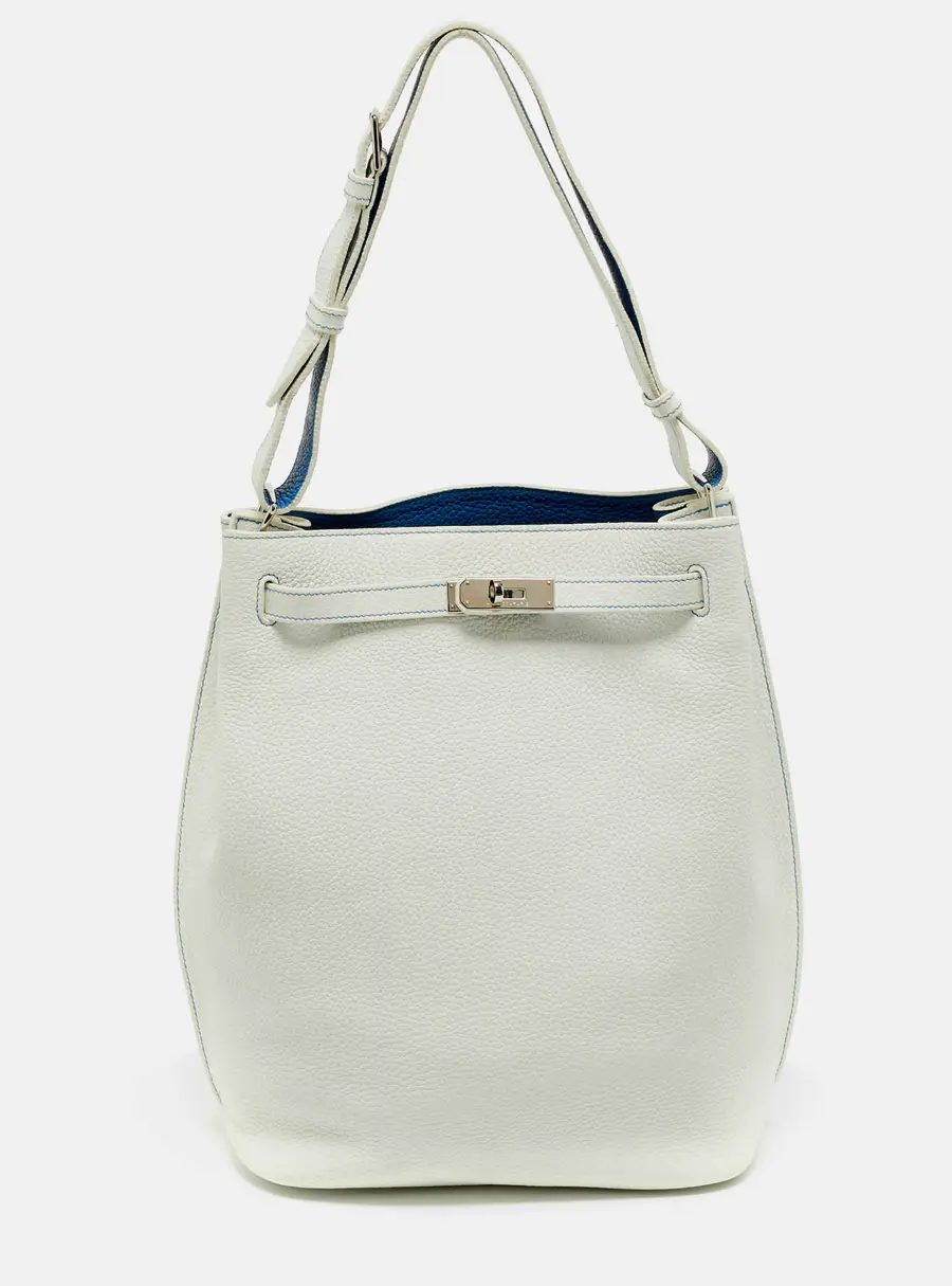 Hermès So Kelly 26 Palladium Finish Blanc/Mykonos Taurillon Clemence Bucket Bag