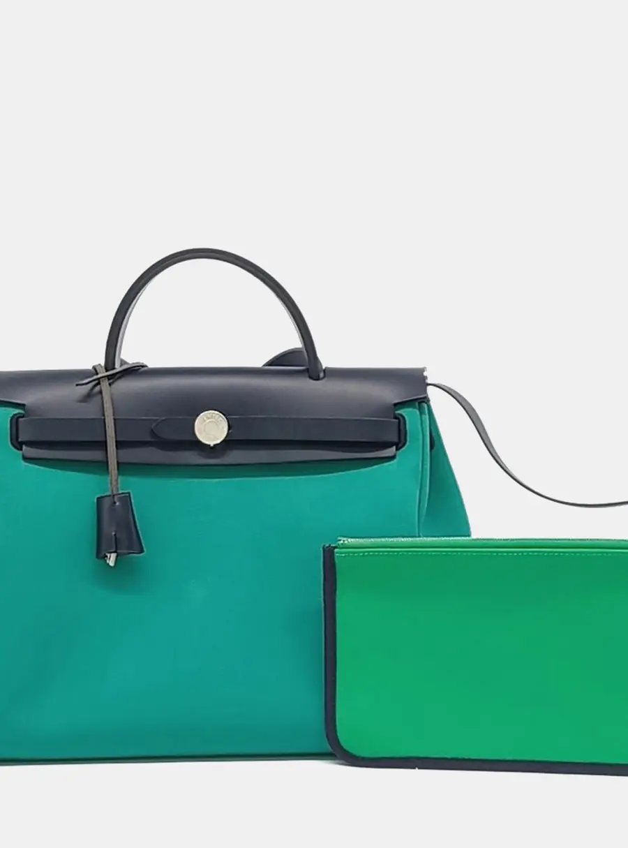 Hermes Herbag Zip 31 Green Black Toile H Leather Top Handle Bag