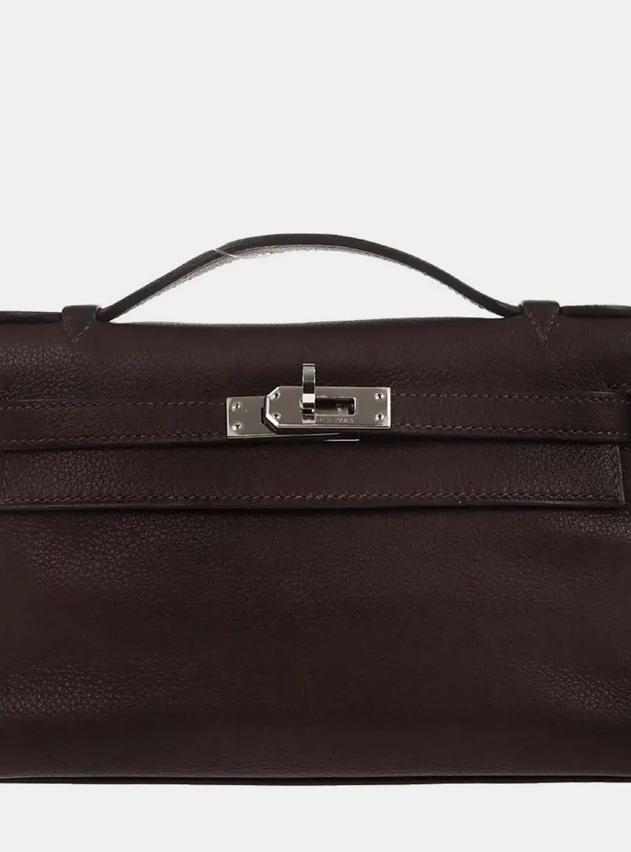 Hermes Kelly Pochette Havane Evergrain Calfskin Leather Clutch Bag
