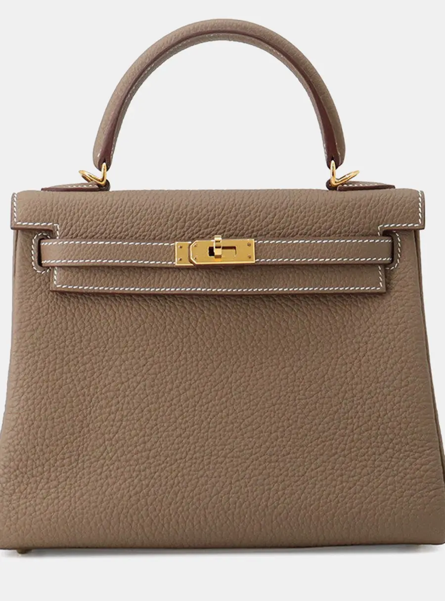 Hermes Kelly Retourne 25 Etoupe Togo Calfskin Leather Top Handle Bag