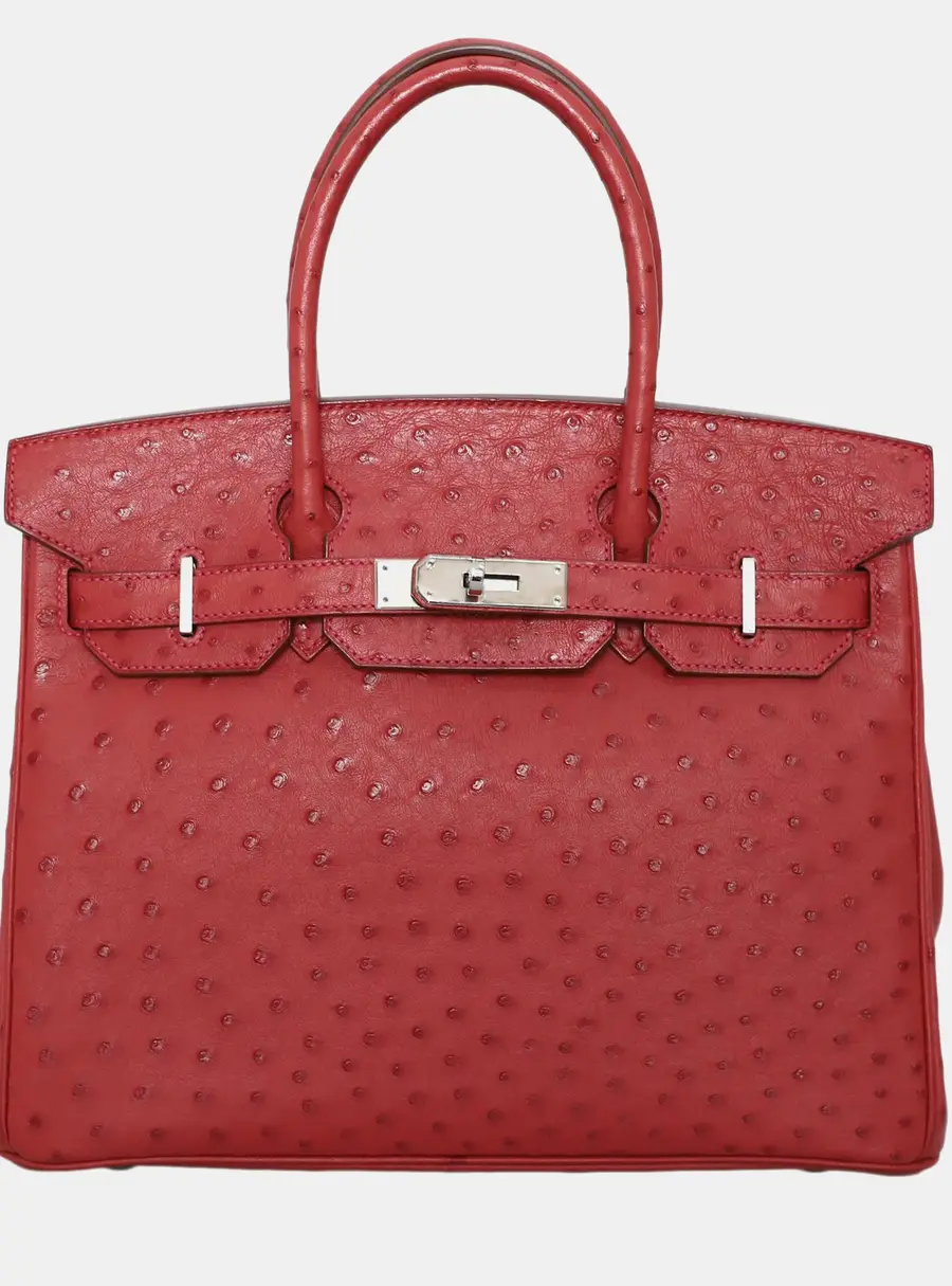 Hermes Birkin 30 Rouge Vif Ostrich Leather Top Handle Bag