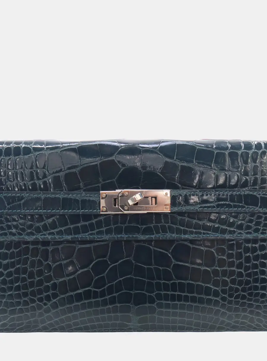 Hermes Kelly Long Wallet Bleu Covert Alligator Leather Clutch Bag