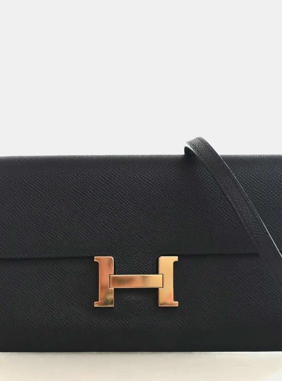 Hermes Constance To Go Wallet Noir Epsom Calfskin Leather Shoulder Bag