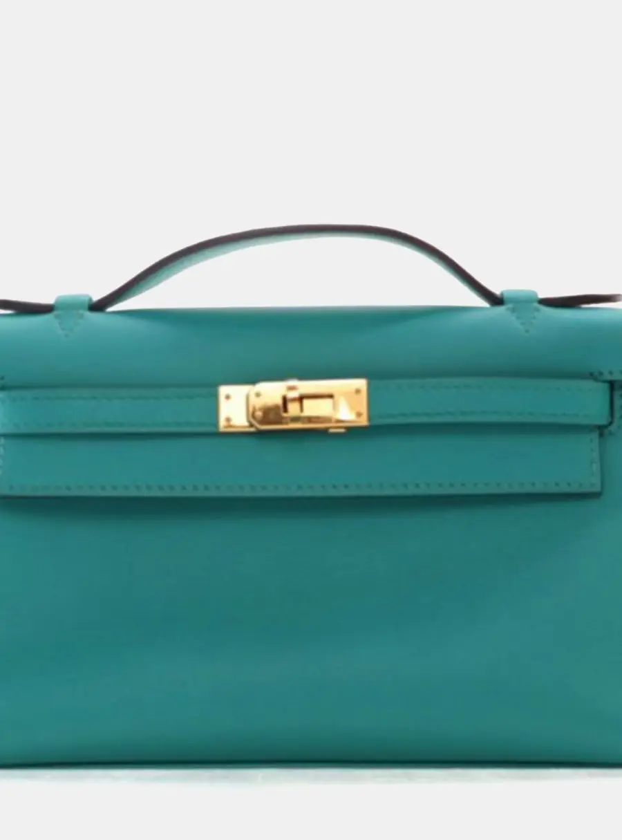 Hermes Kelly Pochette Bleu Paon Swift Calfskin Leather Clutch Bag
