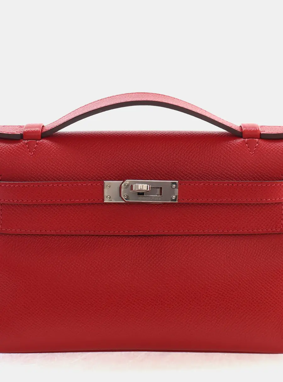 Hermes Kelly Pochette Rouge Vif Epsom Calfskin Leather Clutch Bag