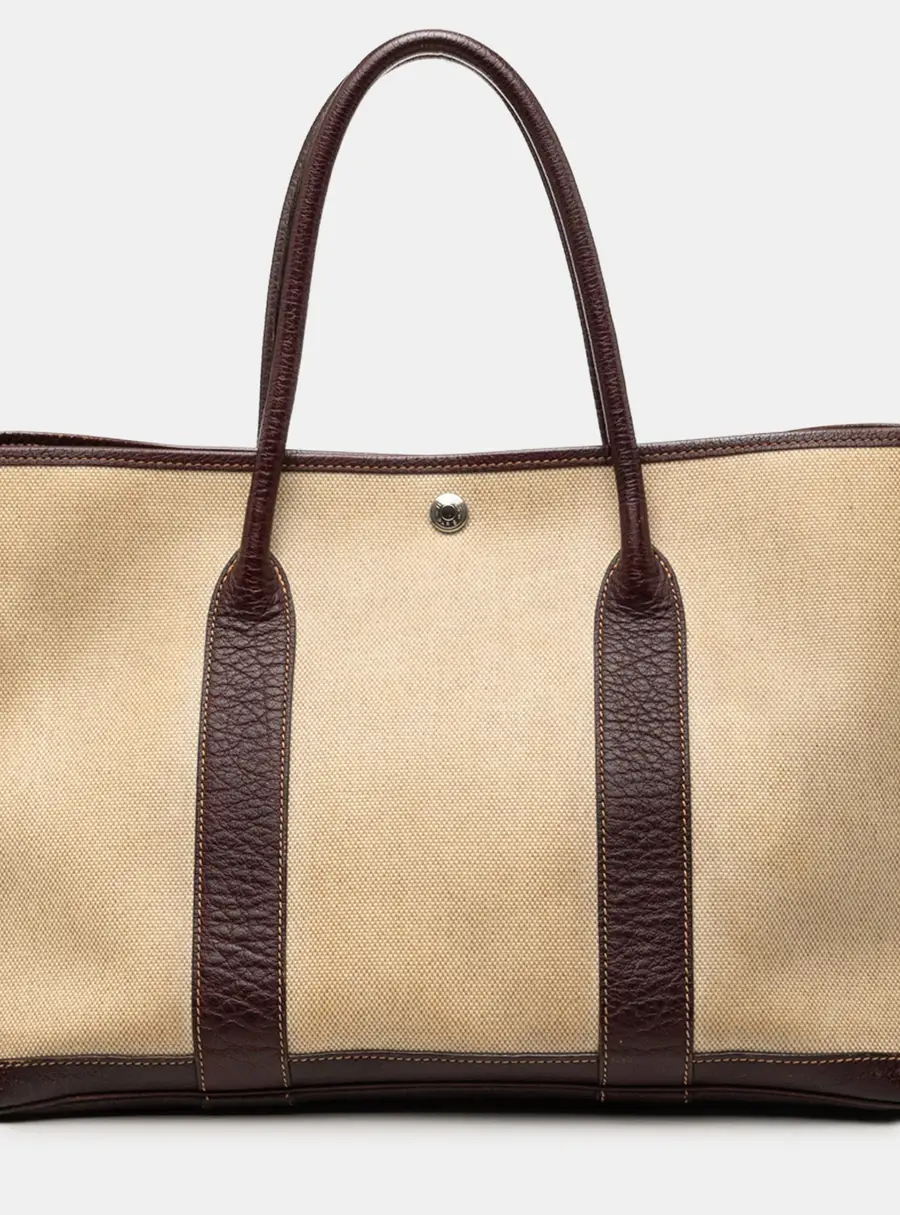 Hermes Garden Party 36 Beige Brown Toile Buffle Skipper Canvas Leather Tote Bag