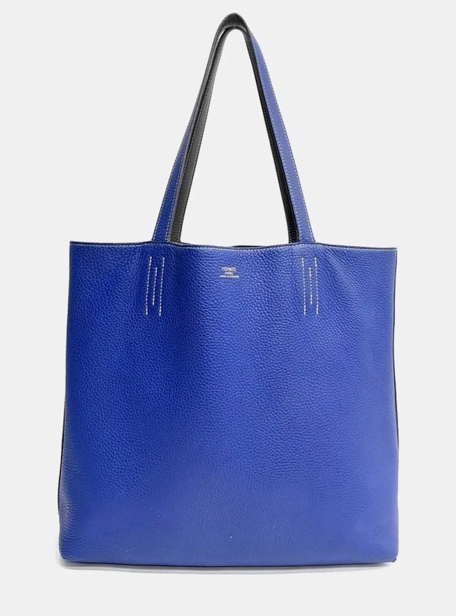 Hermes De Blouson PM Blue Grey Reversible Calfskin Leather Tote Bag