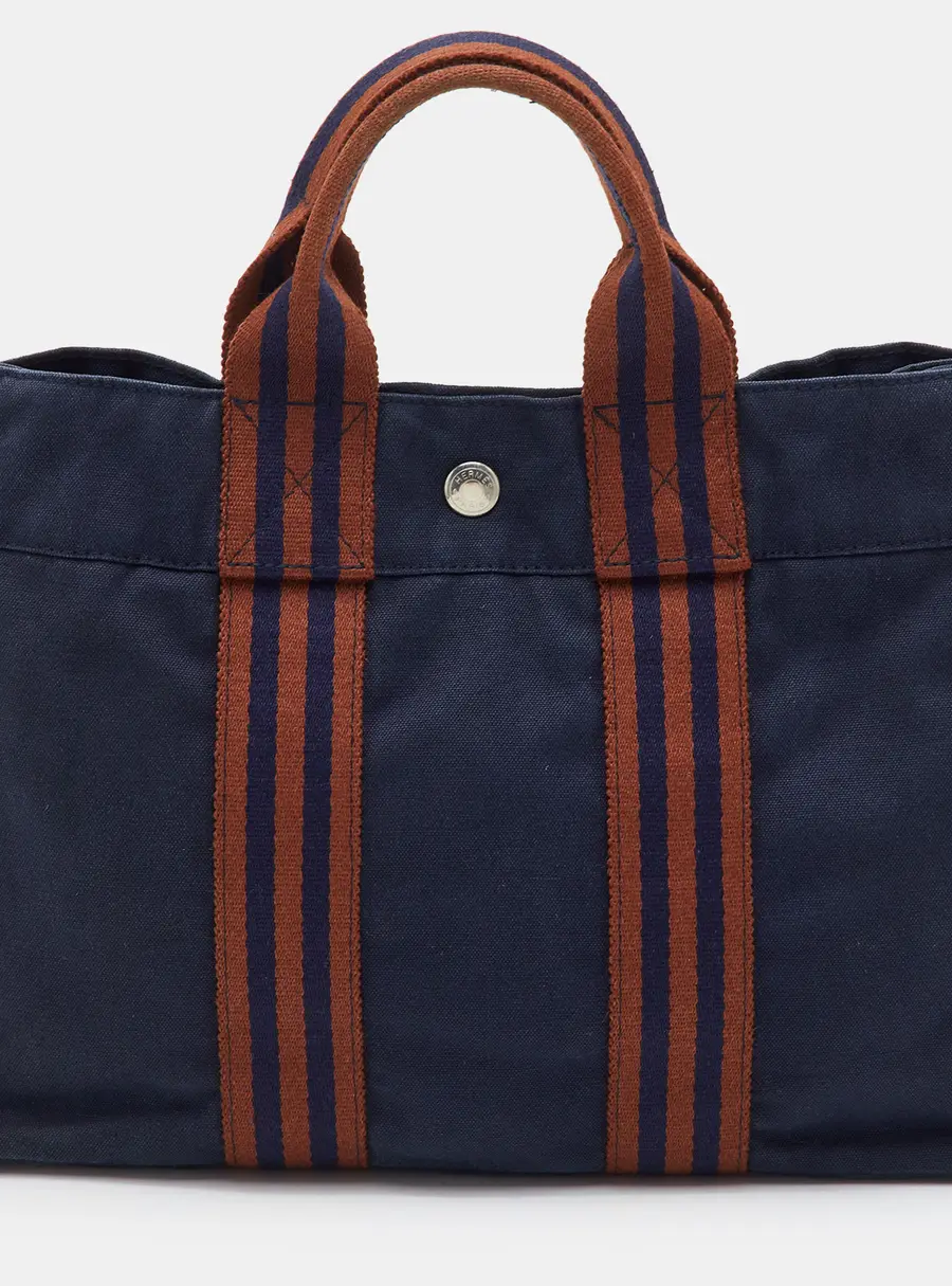 Herm&egrave;s Fourre Tout PM Navy Blue/Brown Toile Canvas Tote
