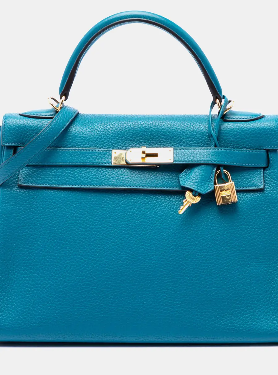 Hermes Kelly II Retourne 32 Blue Izmir Clemence Top Handle Bag