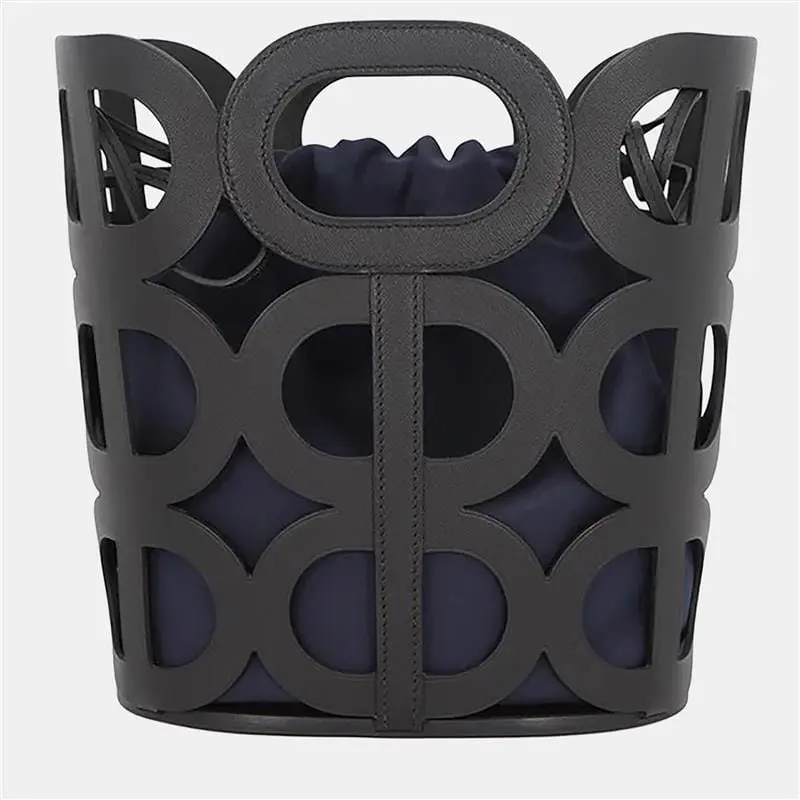 Hermes Chaine D'Ancre PM Black Veau Madame Leather Silk Canvas Top Handle Bag