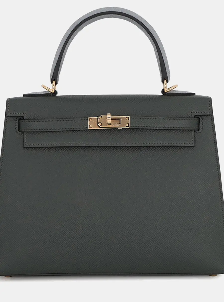 Hermes Kelly Sellier 25 Vert Mangrove Green Pantan Black Epsom Leather Top Handle Bag