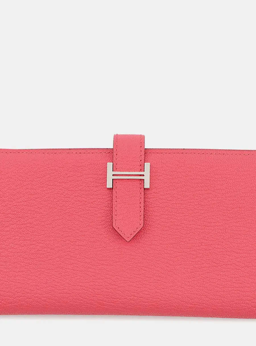 Hermes Bearn Soufflet Rose Azalee Chevre Myzore Goatskin Leather Wallet Bag